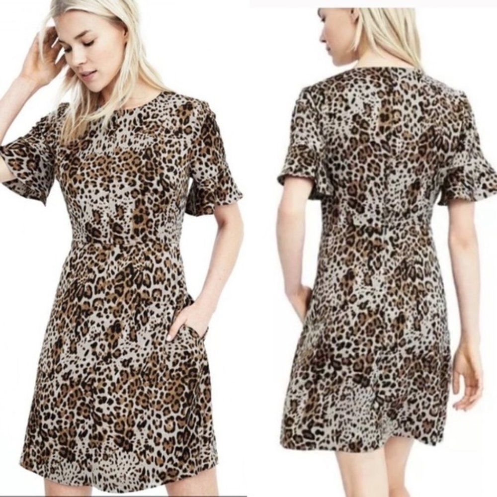 Banana Republic Brown Black Leopard Animal Print Flutter SLeeve Shift Dress